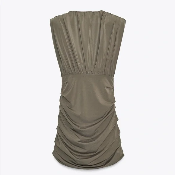 Zara NWT Khaki Olive Green Plunge Neck Ruched Shoulder Pad Mini Dress (Small) - Picture 9 of 12